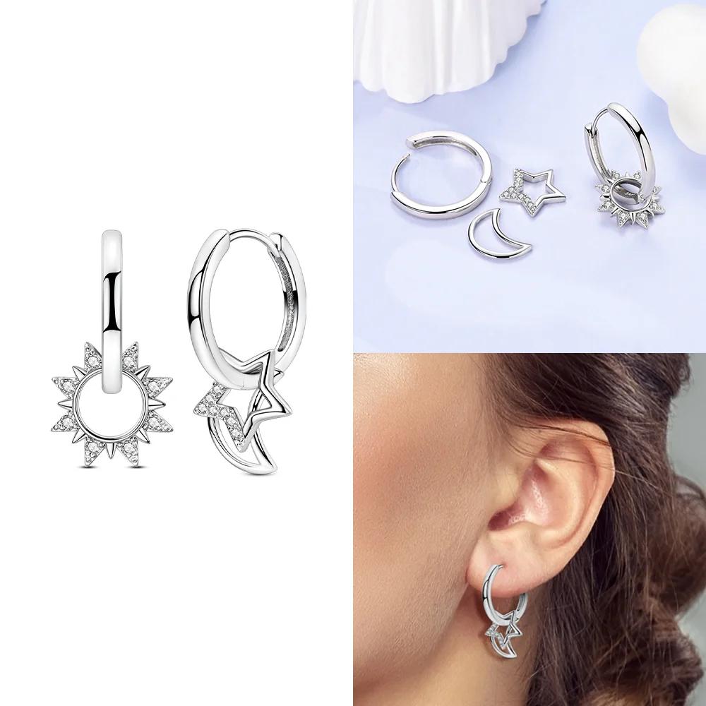 Charms 925 Silver Earrings Color Zircon Pink Bow Star Moon Shell Earrings Four-leaf Clover Woman's Accessory Jewelry