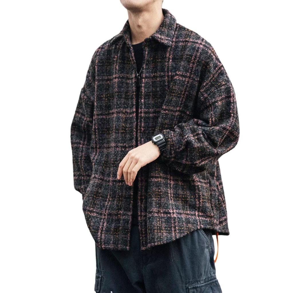Men's Retro Plaid Wool Jacket - Long Sleeve, Versatile Casual Coat for Spring and Autumn