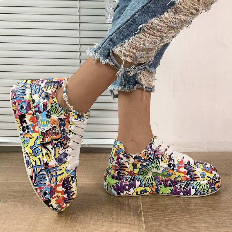 Fashion Women's Casual Sneakers 2025 Fashion New Painted Graffiti Lace Up Sports Shoes for Women Flat Pu Leather Ladies Running Shoes