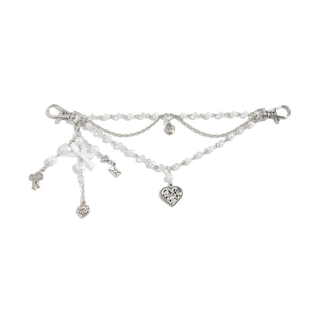 Heart-Shaped Pearl Bag Chain with Sweet Cool Crystal Beaded Pendant
