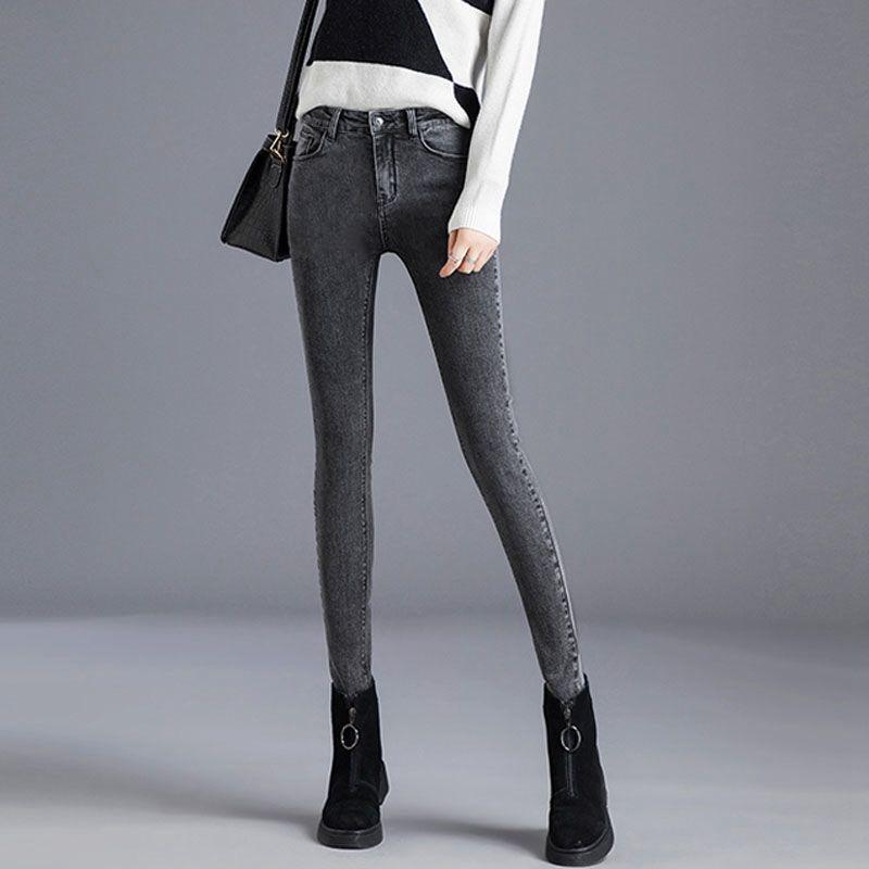

Elastic High Waist Plus Velvet Skinny Jeans for Women - Korean Style Warm Pencil Pants 27