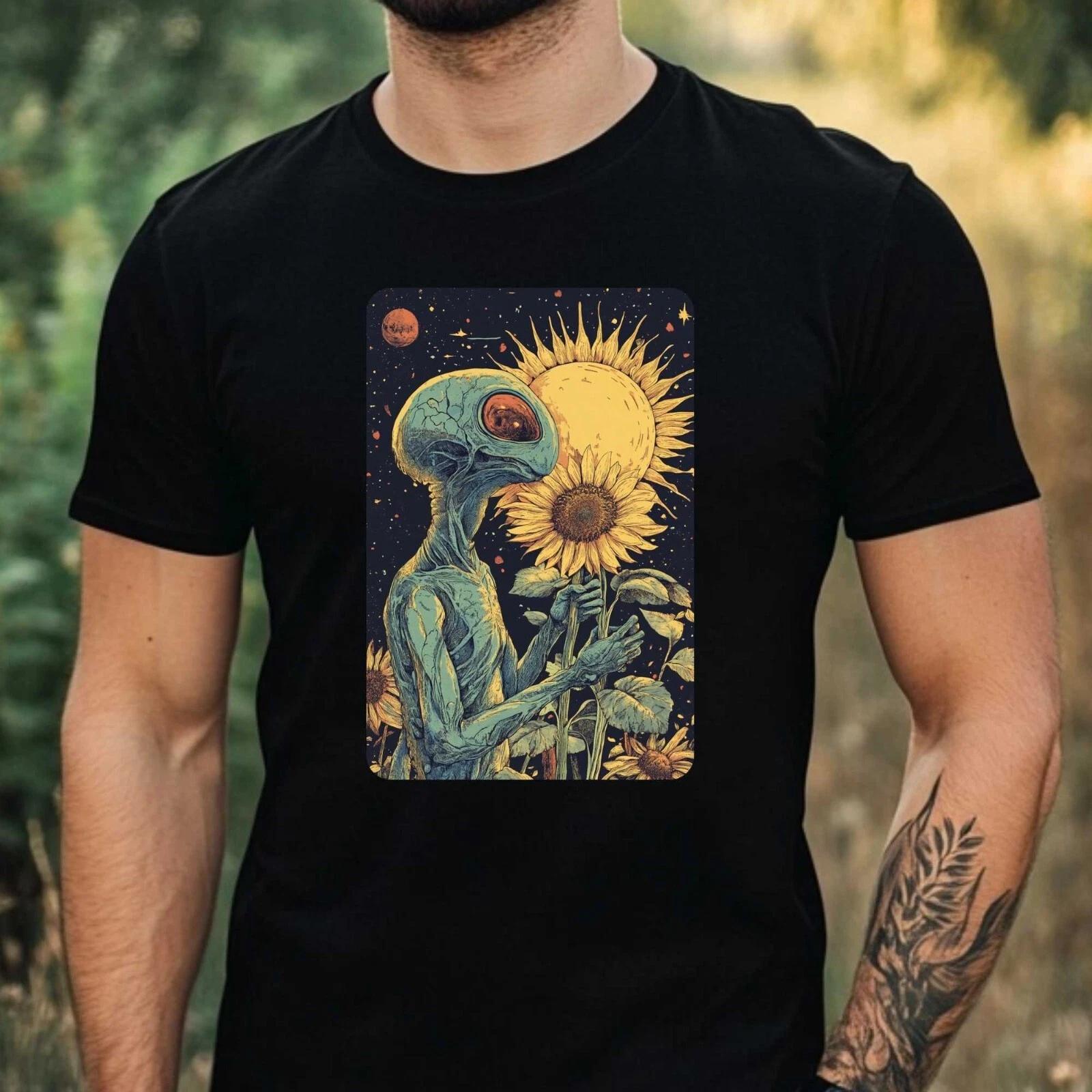 T-Shirt Herren Alien mit Sonnenblume Motiv Baumwolle Größe XS bis 5XL S