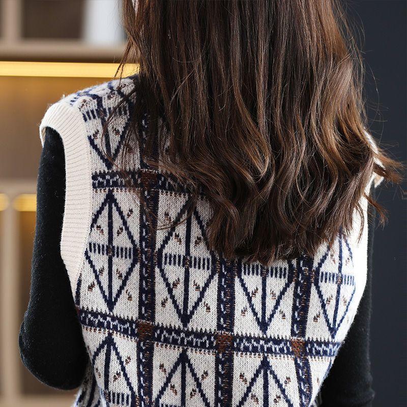 Vintage Wool Knitted Sweater Pullover Tank Women Folded Vest Diamond Plaid V-Neck Sleeveless Sweater Pullover Vest Female Tops