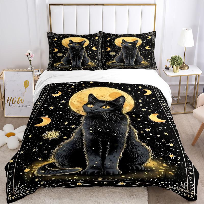 3pcs Black Cat Moon Night Duvet Cover Set, Cover For Bedroom Guest Room (1 Duvet Cover + 2 Pillowcase, Without Quilt),  Yy250922224