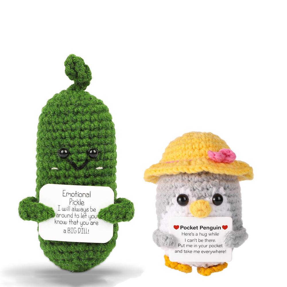 Handmade Emotional Support Pickle Crochet Funny Sour Cucumber Knitted Pickle with Positive Card Cheer up Gift Crochet Home Decor