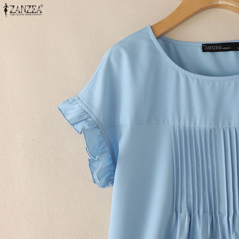 ZANZEA Blusa Casual da Donna a Maniche Corte e Girocollo a Tinta Unita