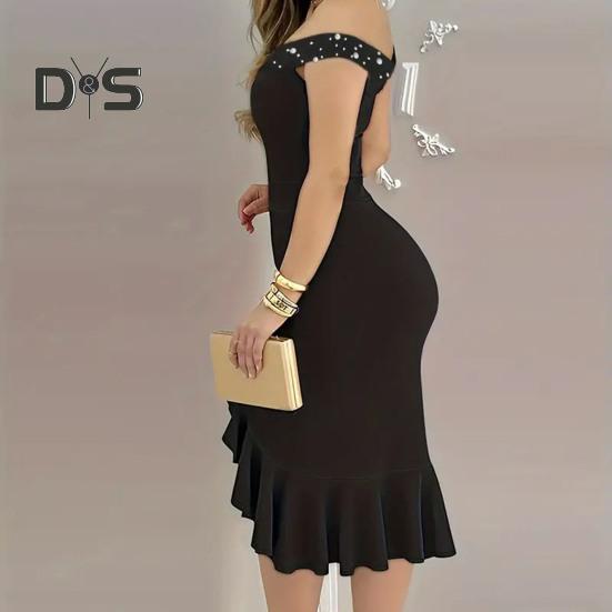 Evening Dress Off Shoulder Sheath Sleeveless Irregular Ruffle Hem Slim Fit Solid Color Faux Pearl Decor Midi Dress for Party Prom Wedding