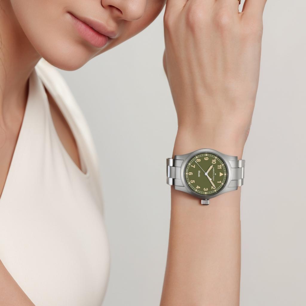 Hamilton Khaki Field Series Quartz Movement 50M Water Resistant Watch 38Mm Green Dial Stainless Steel Case Stainless Steel Bracelet H69401160