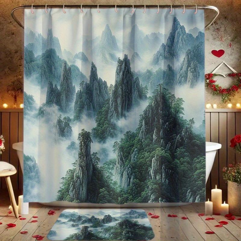 4pcs Majestic Cloud Sea Mountain Print Shower Curtain Set, Bathroom Decor Kit Includes Shower Liner, Non-Slip Mat, Toilet Cove