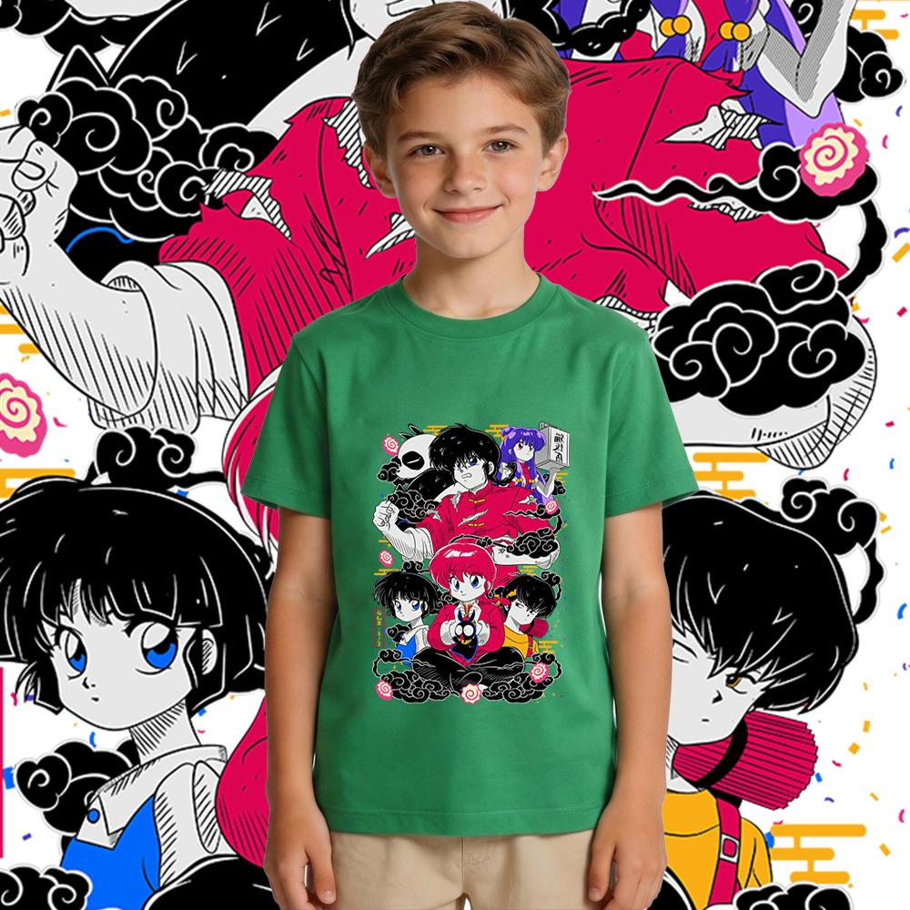 Boys Girls Short Sleeve T Shirt Ranma Characters Anime Print Cotton Top Kids Casual Wear Breathable Soft Summer