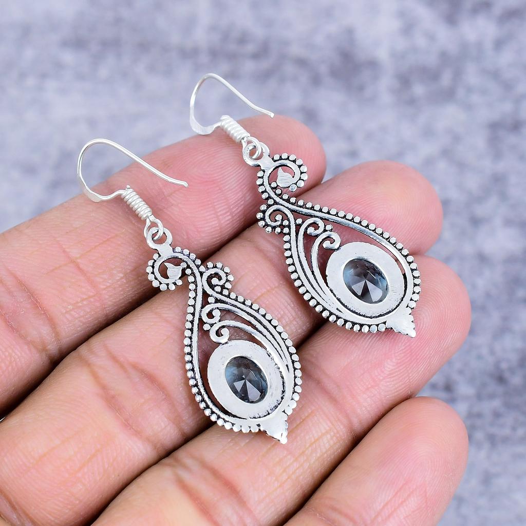 Swiss Blue Topaz Gemstone 925 Sterling Silver Jewelry Earring 2.09" M-2702