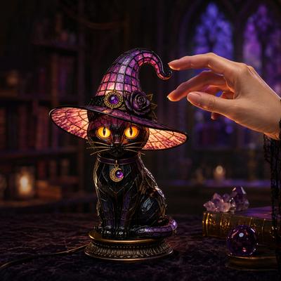 DYS Hexenhut Lampe, Buntglas LED Licht, Halloween Tischlampe mit Warmem Schein, Gothic Dekor Nachtlicht für Schlafzimmer Kaminsims Bücherregal Eingangsbereich Party