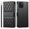 For iPhone 15 Case Rhombus Stitching Wallet Stand Leather Phone Cover with Long/Short Strap