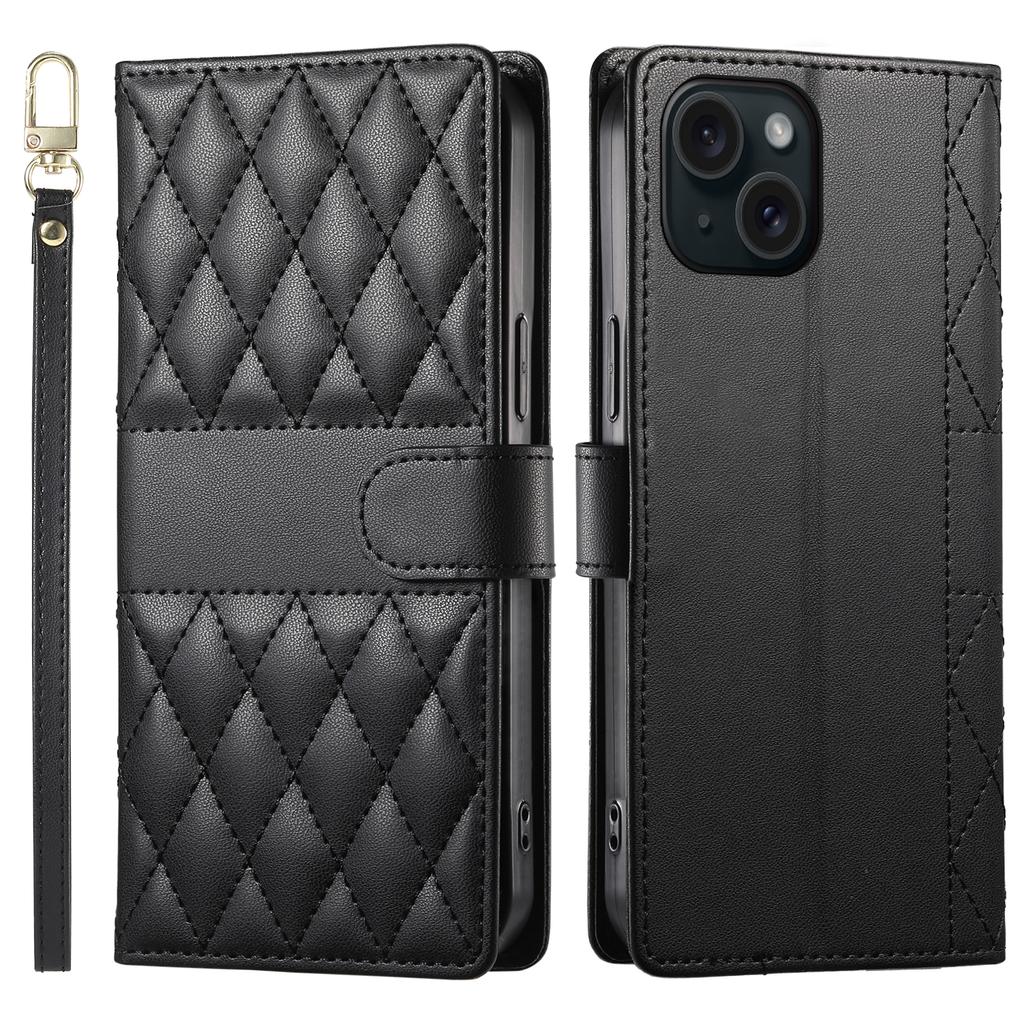 For iPhone 15 Case Rhombus Stitching Wallet Stand Leather Phone Cover with Long/Short Strap