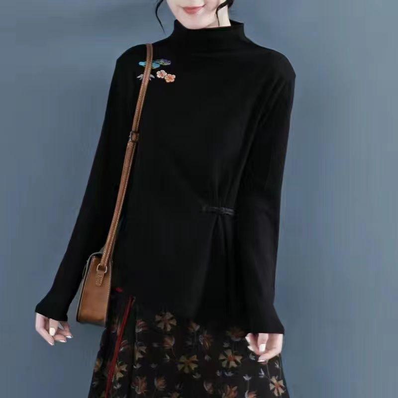 Half-high Collar Thin Velvet Bottoming Shirt Women's Retro Embroidery Autumn and Winter Chinese Style Waist Buckle Long-sleeved Top