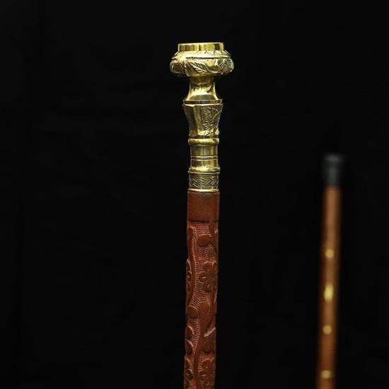 

Hand-Carved Wooden Walking Stick Copper Handle, Floral Design