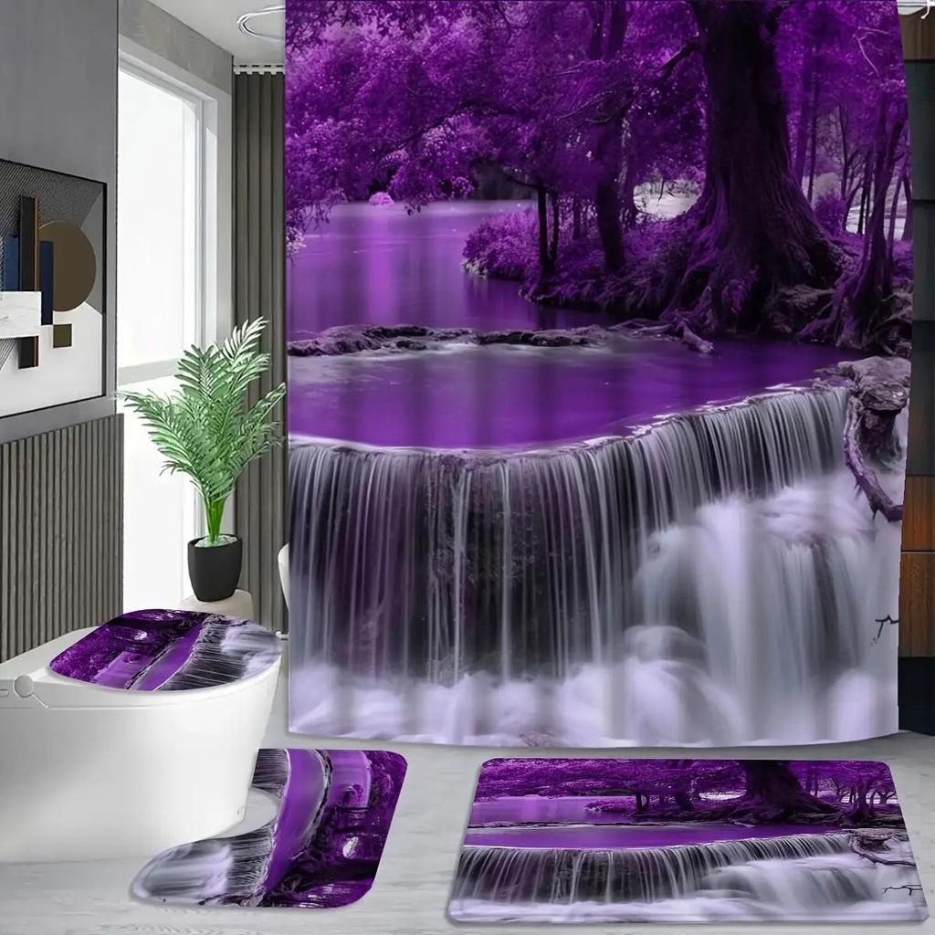 4pcs Purple Hot Spring Waterfall Shower Curtain Set Waterproof Fabric Bath Curtain with 12 Hooks Non Slip Rug U Shaped Mat Toilet Cover Bathroom Decor