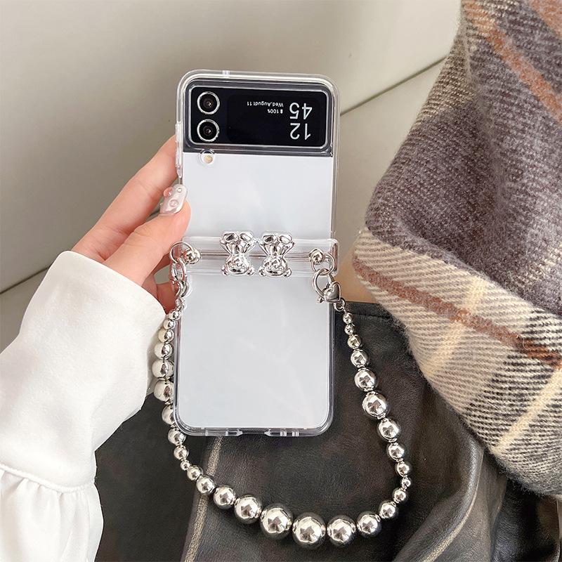 

For Samsung Zflip6 Phone Case Flip Cover Folding Screen Handheld Chain Electroplated Heart-shaped Teddy Bear W24clip Transparent For Huawei P50Pocket