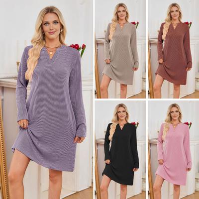 Vestido Feminino Outono Inverno Tricô Canelado Casual Manga Longa Decote V Mini
