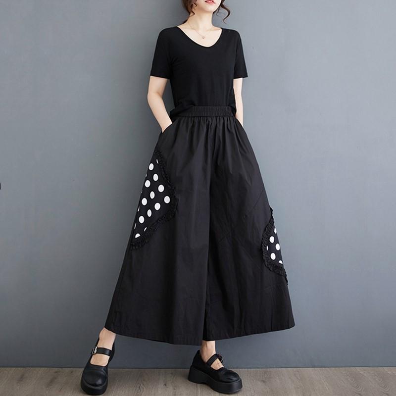 Calças femininas de algodão preto plus size vintage cintura alta casual solta verão perna larga