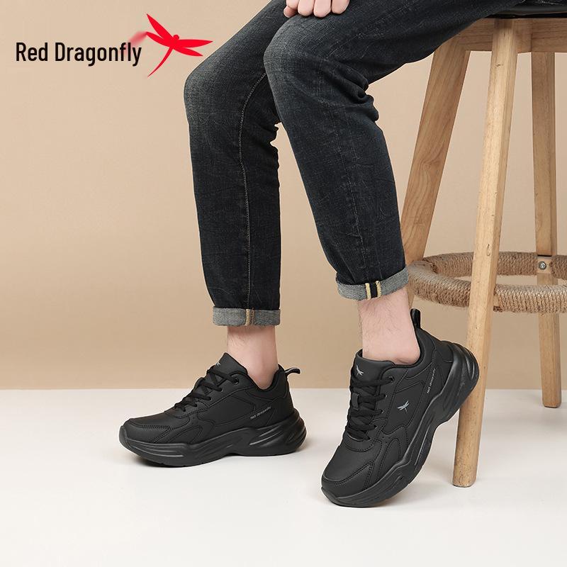 Red Dragonfly Men's Black Warrior Sports Shoes: Spring/Autumn, Thick Sole, Height-Boosting, Waterproof, Trendy Casual Dad Shoes.
