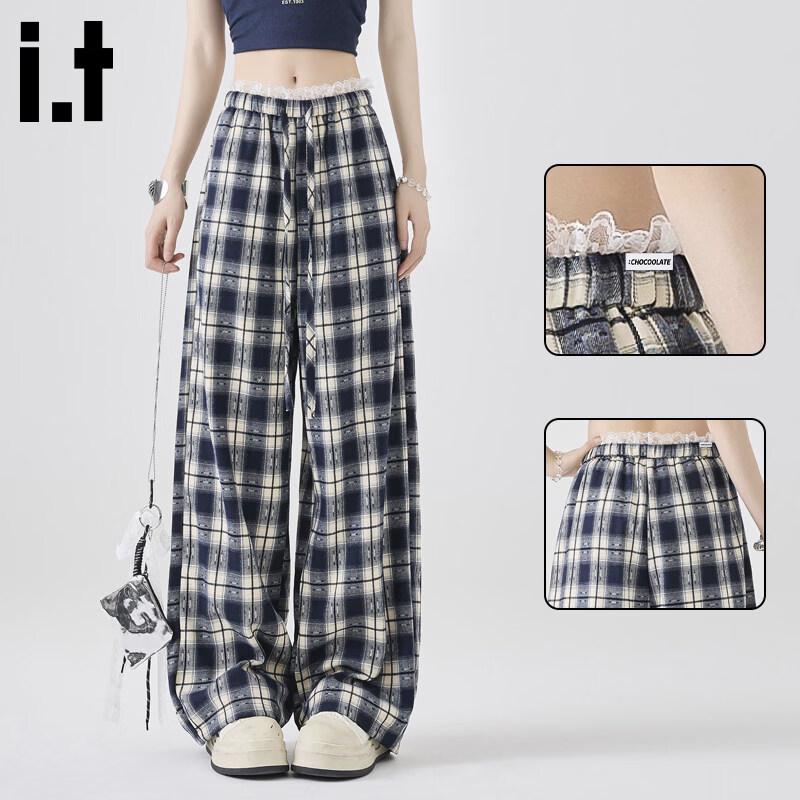 Women s Lace Plaid Casual Wide-Leg Pants M