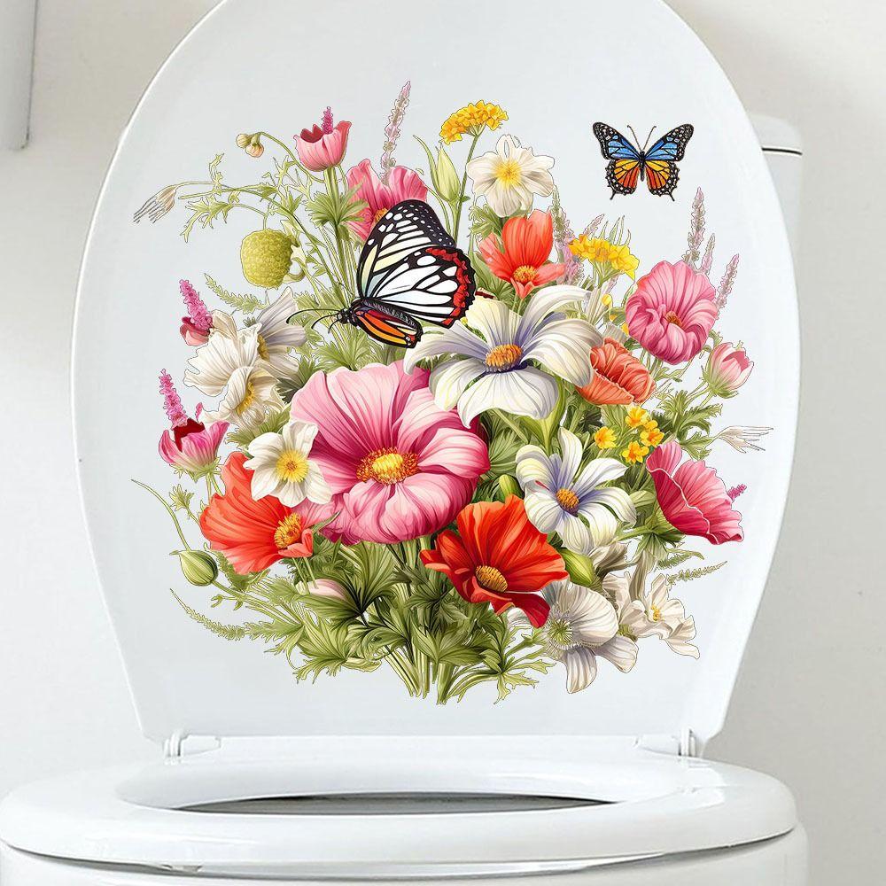 Mildew-proof Butterfly Flower Removable Stickers Easy To Paste Toilet Lid Decals  Bedroom