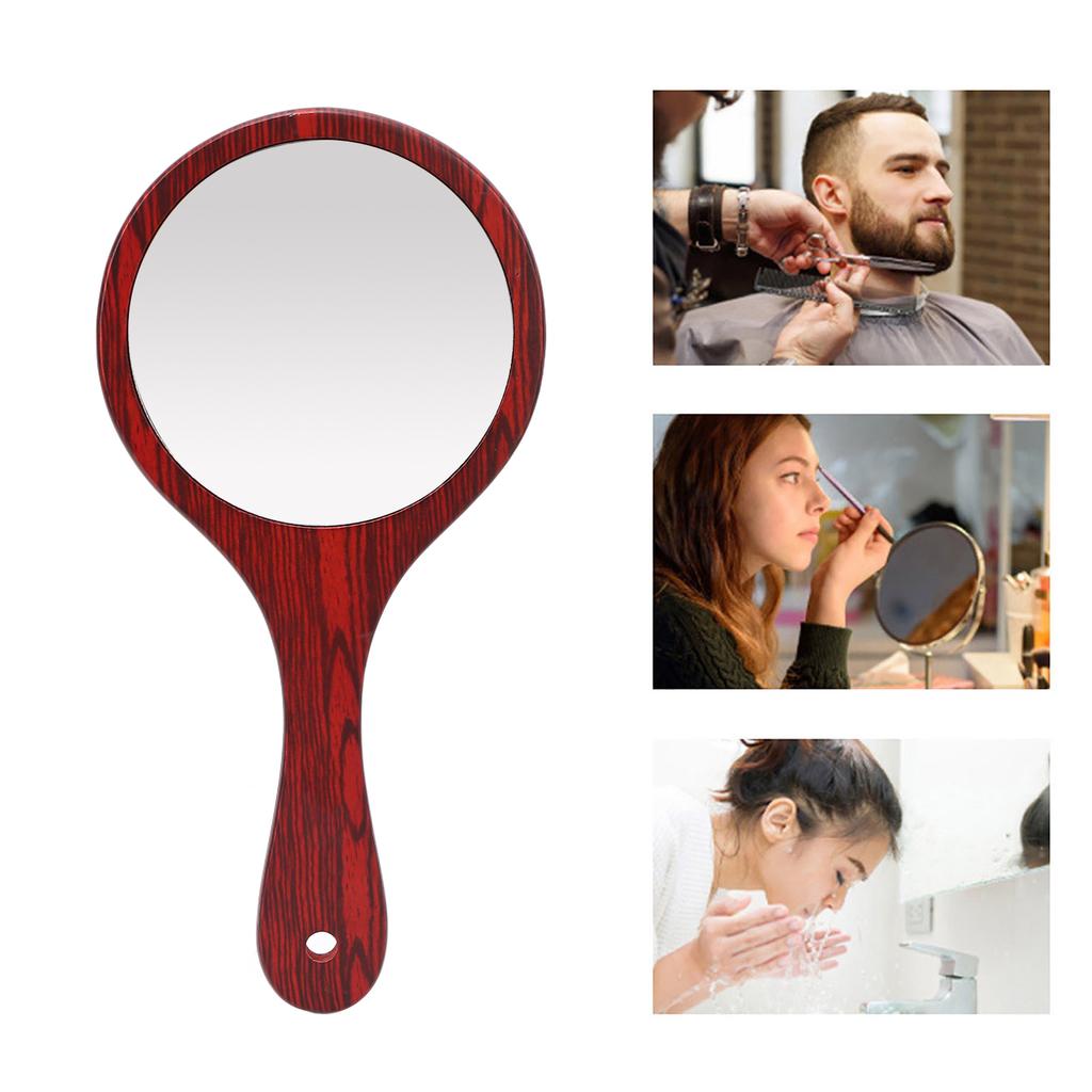 Vintage Handheld Mirror Wooden Handle Hanging Hole Makeup Hairdressing Mirror for Household Red