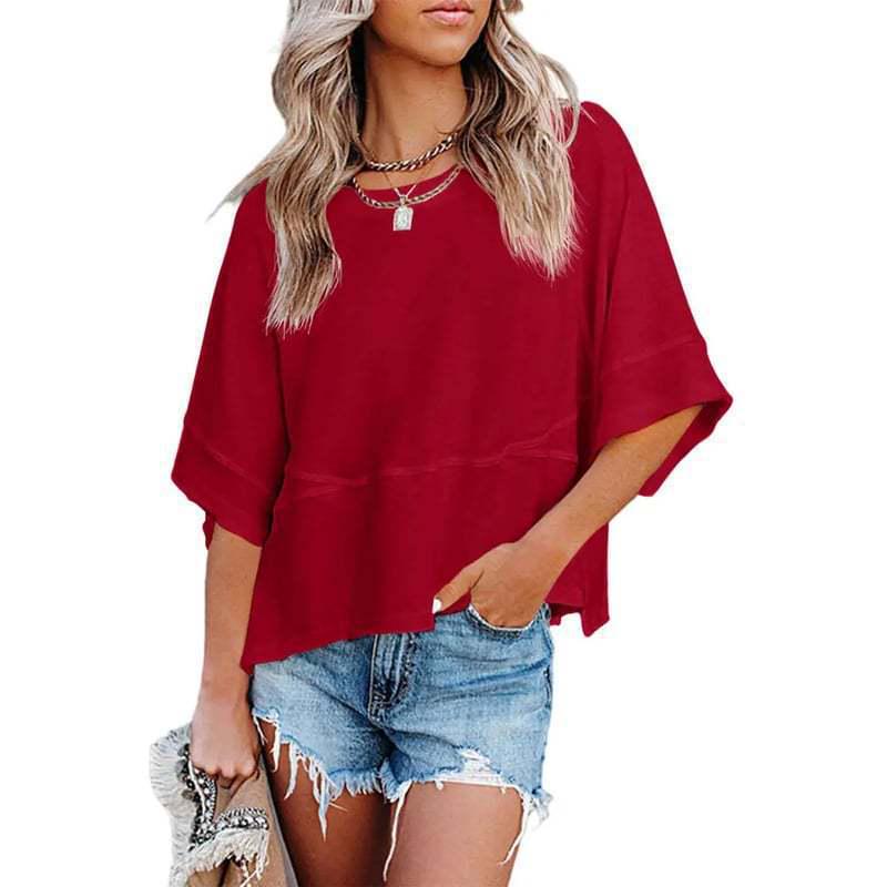 Camiseta Feminina Solta Colorida Sólida com Mangas Sino Tendência 2025