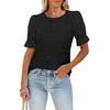 Women Tops Round Neck Puff Short Sleeve Hollow Lace Pullover Tops Solid Color Loose Fit Summer T-shirt
