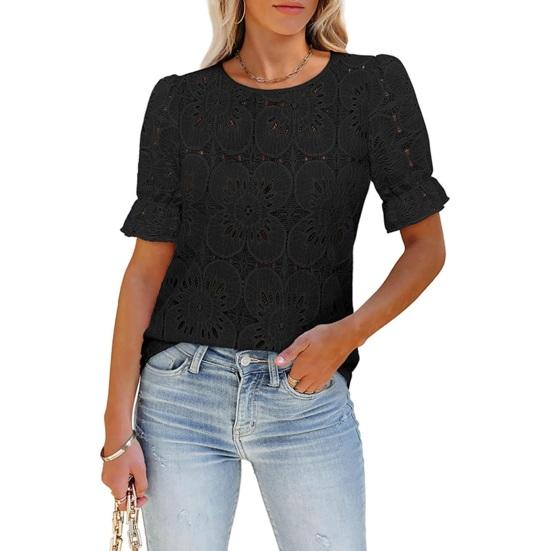 Yousheng Women Tops Round Neck Puff Short Sleeve Hollow Lace Pullover Tops Solid Color Loose Fit Summer T-shirt