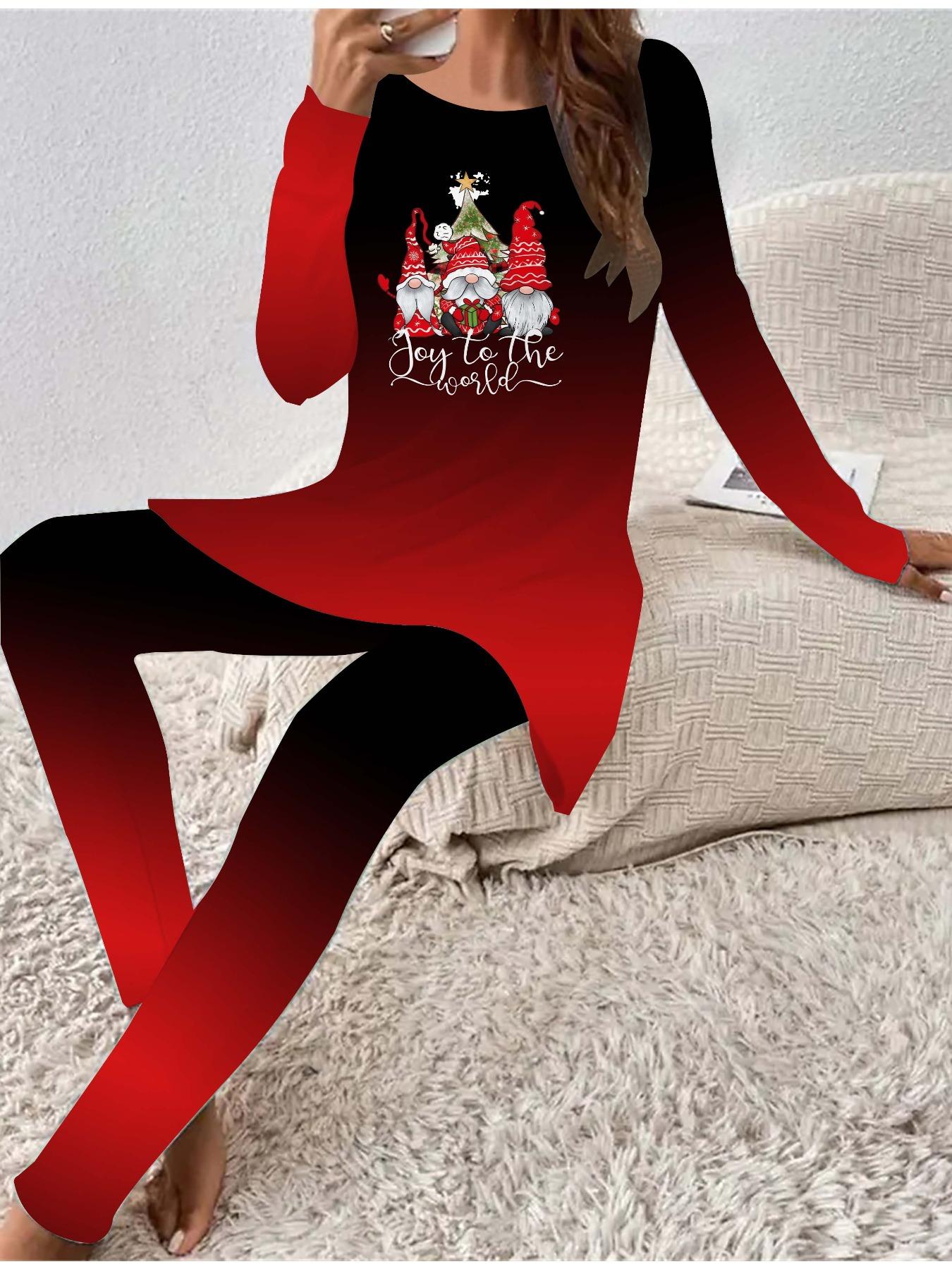 

Euro-American Fashion 3D Christmas Printed Women s Four-season Long-sleeved T-shirt + Long Pants Two-piece Set. Perfect Gift for New Year & Christmas 1XL