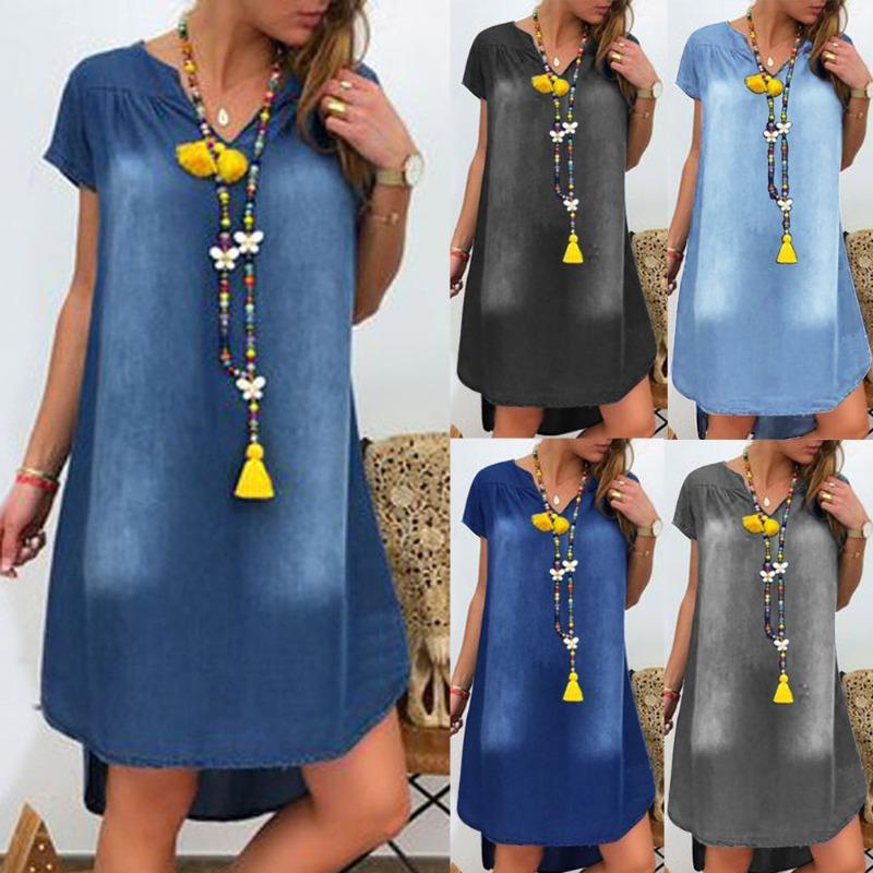 Ladies' Casual and Solid Color V-neck Short Sleeved Denim Dress
