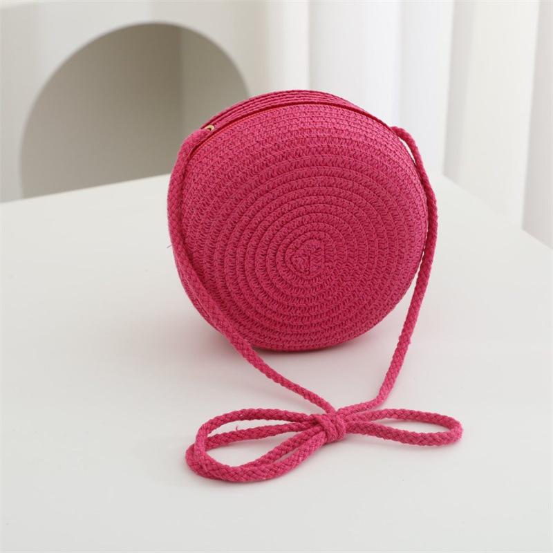 Summer Solid Color Straw Bag Shoulder Messenger Round Bag Children Versatile Outing Beach Bag Light Board DIY Round Weaving