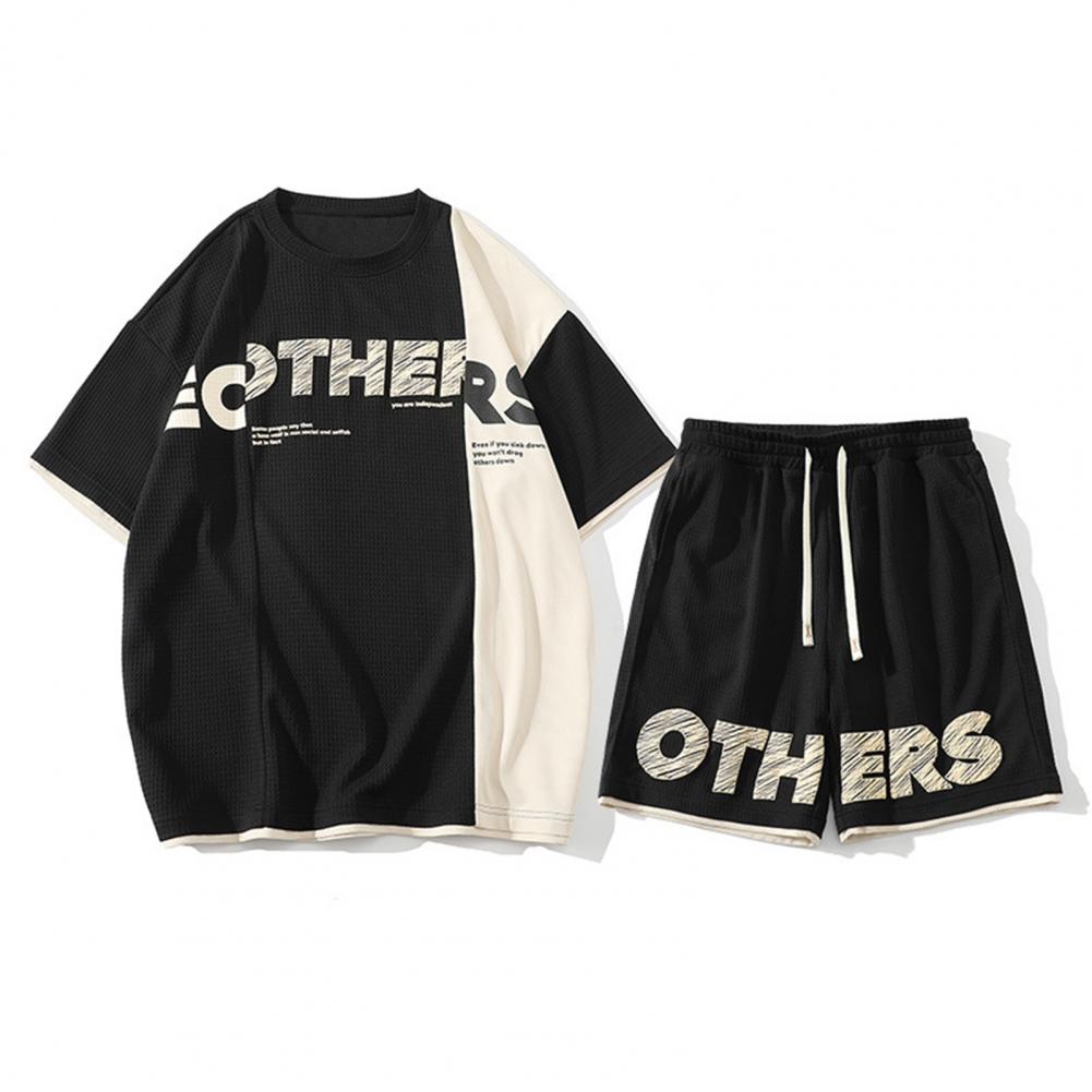 2Pcs/Set Men Summer Casual Outfit O-neck Short Sleeve T-shirt Elastic Drawstring Waist Wide Leg Shorts Set Patchwork Color Lette