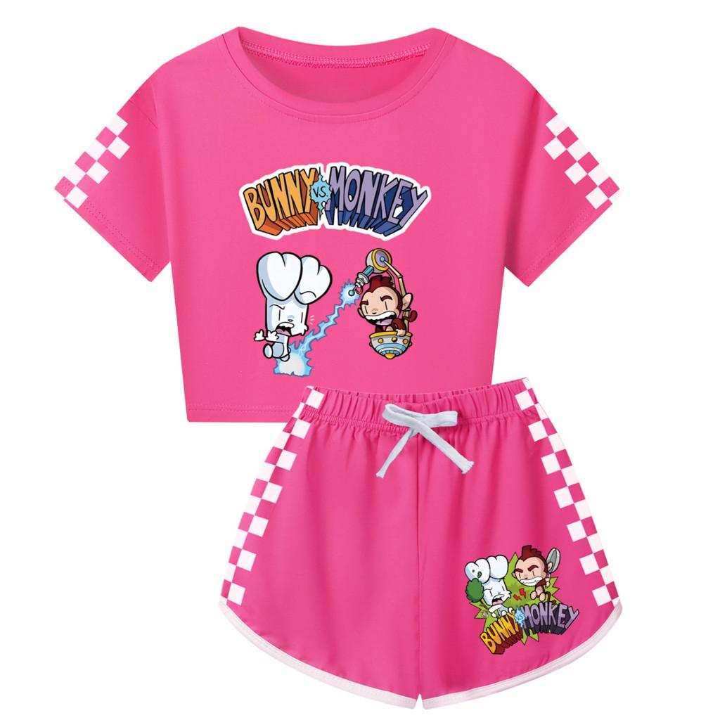 4187 Children Girls Bunny Monkey Print Short Sleeves T-Shirt Shorts Pants Tracksuit Clothes Set