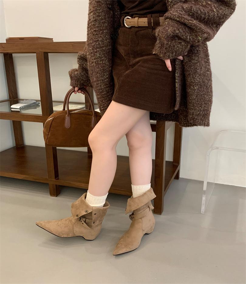 Coarse Heel Vintage Suede Western Cowboy Khaki Boots Women's Boots 2025 Spring and Autumn Single Boots Square Martin Boots