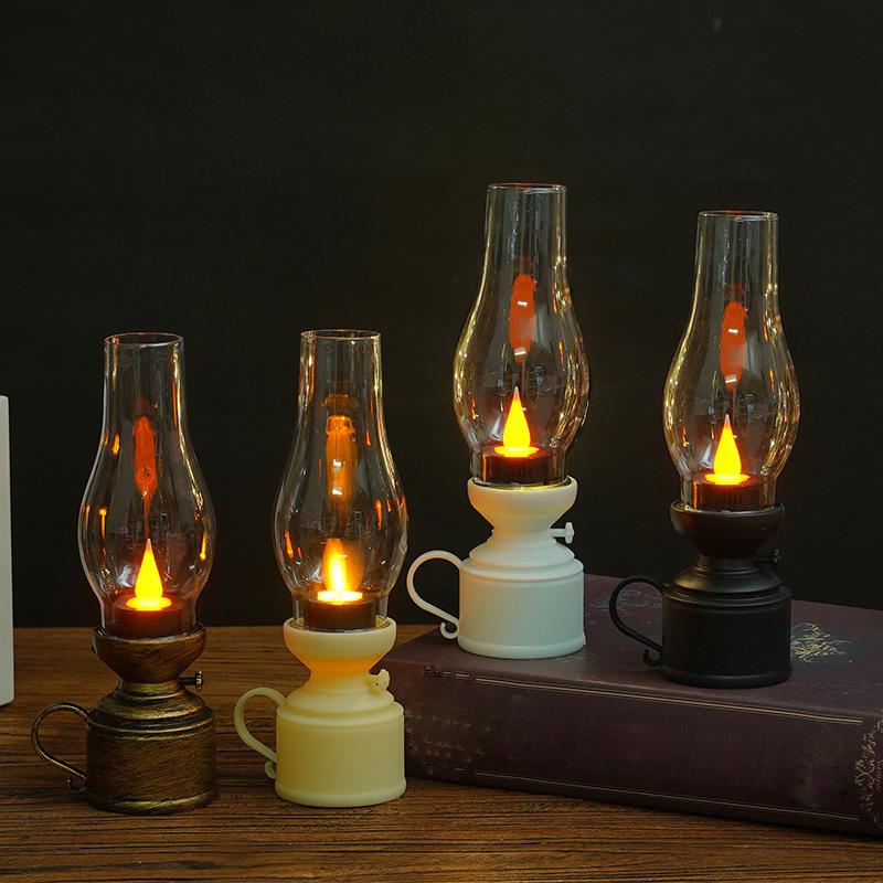 Retro Flameless Candle Holder Candlestick Kerosene Lamp with Button Battery Table Light Vintage Decor Kerosene Lamp
