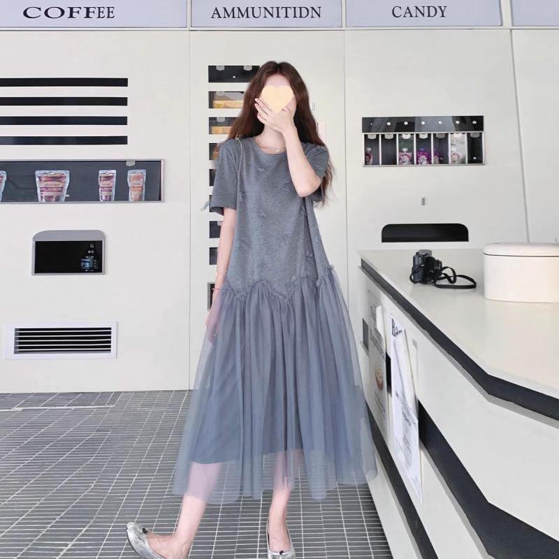 

2025 Summer Korean Style Loose Maternity A-line Dress with Mesh Details XXL чёрный