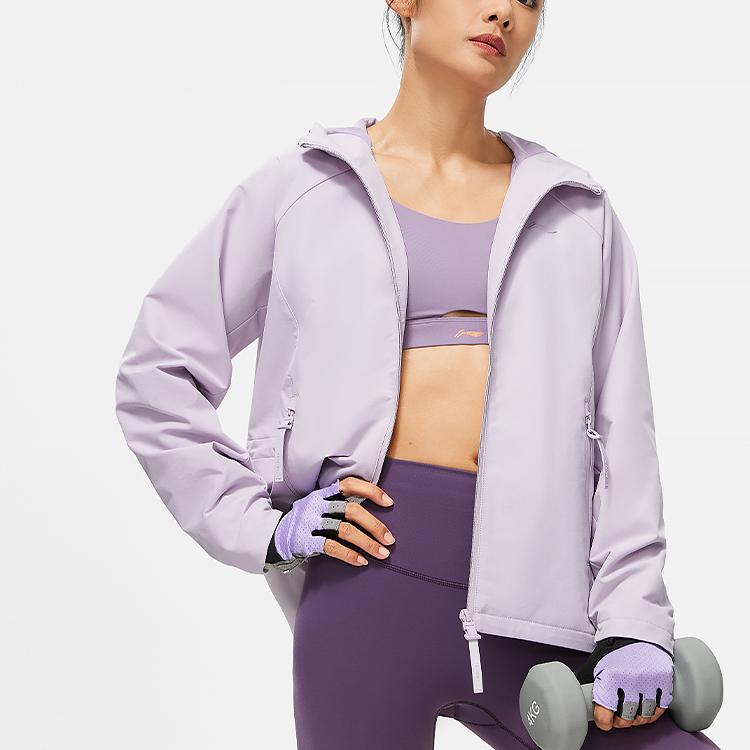 Li Ning Fitness Series однотонная ветровка с капюшоном женская куртка шелк-фиолетовый AFDT650-3
