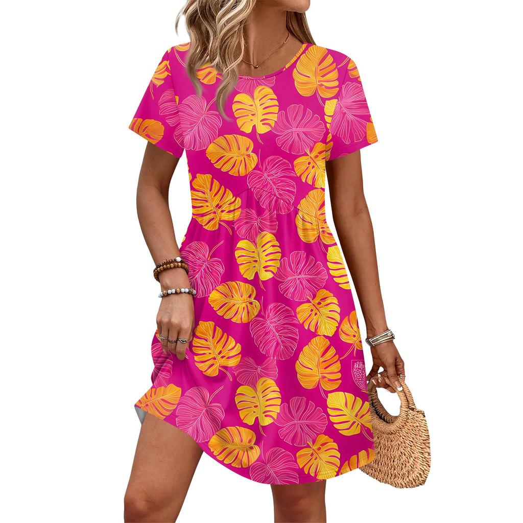 Dresses For Women Short Sleeve Print Round Neck Casual Dresses Waist Dress With Pockets