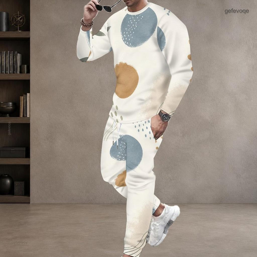 Men Plus Size Printed Two Piece Set Round Neck Long Sleeve Top Cuffed Pants