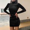 Robe fourreau pour femme, automne-hiver, taille serrée, couleur unie, col haut, protection du cou, manches longues, élastique au-dessus du genou, mini robe