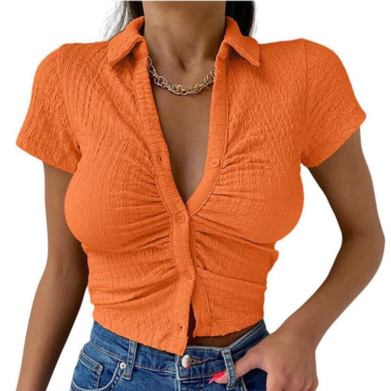 Knopf Kurzarm Slim T-Shirts 2023 Mode Sommer Sexy Crop Top Damen Y2k Streetwear T-Shirt Koreanisch Stilvoll Korsett Blusen 26330
