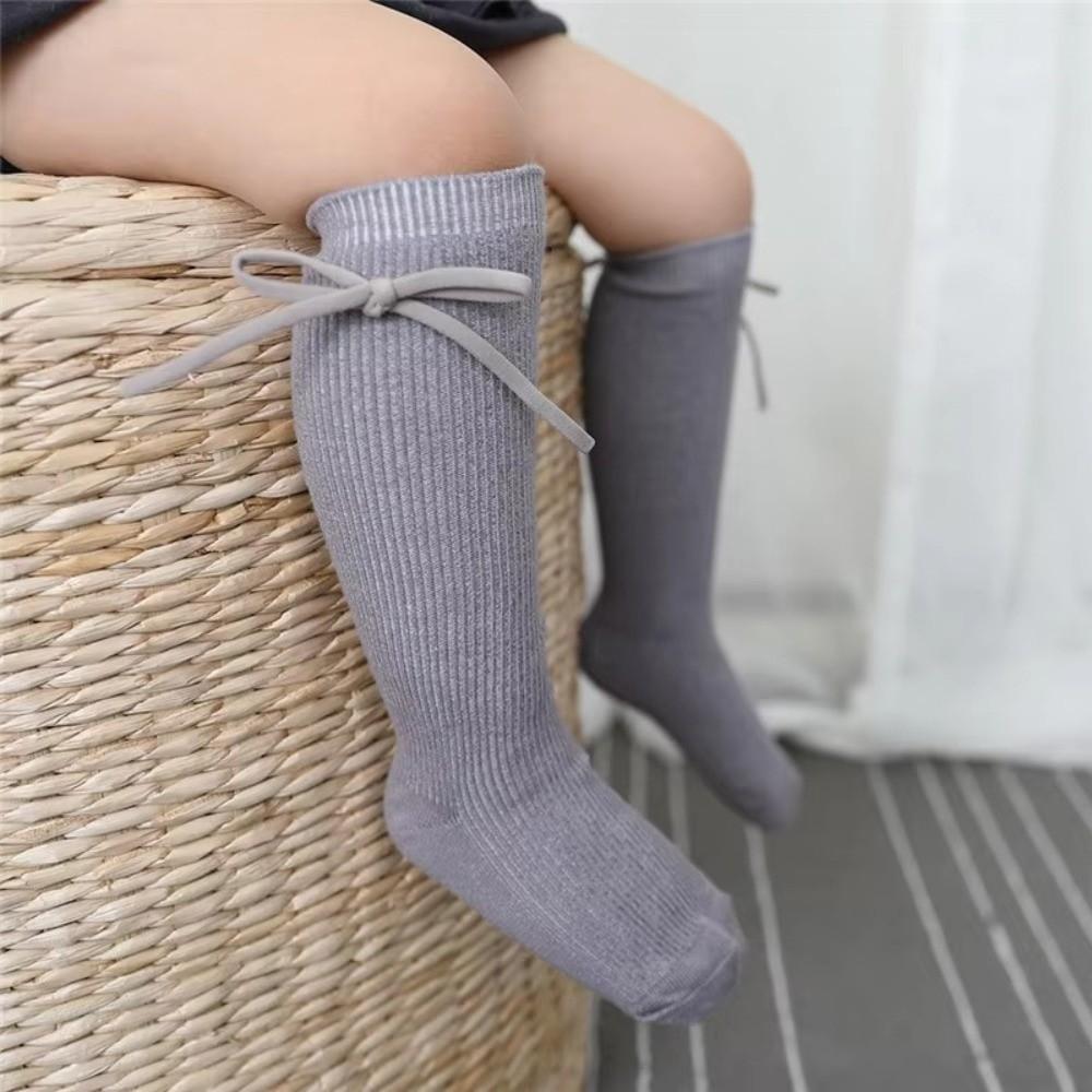 Cute Solid Color Kids Knee High Socks Cotton Bow Girls Bowknot Flat Long Sock Breathable Soft Children Princess Sockes