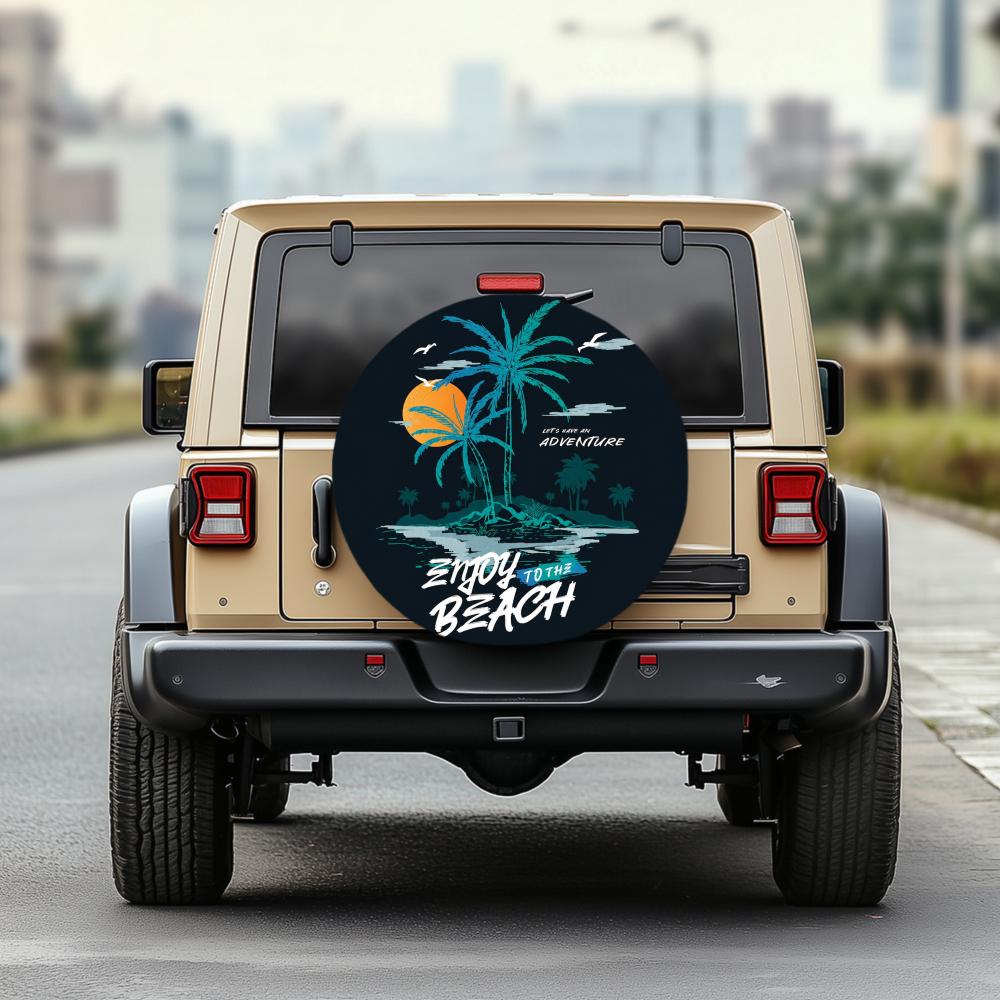 1pc 30/34 Inch Multi Functional Spare Tire Cover For Jeep Trailer RV Offroad Truck Camper Vehicles, Tropical Palm Tree And Sunse