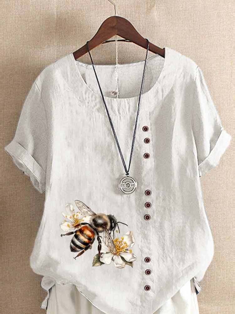Women's Fashion Bee Flower Print Shot Sleeve T-shirt Loose Cotton Shirt Casual Loose Summer Blouse Tops Plus Size