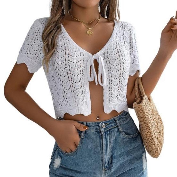 Summer Vacation Sun Protection Tops Women Crochet Knitting Tops Short Sleeve Lace Up Hollow Design S белый