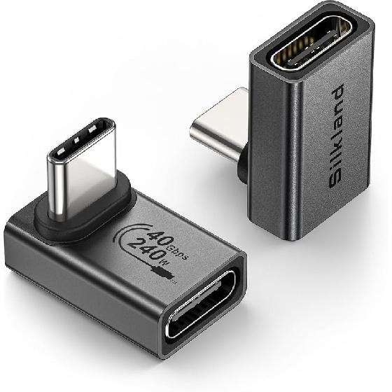 Адаптер Silkland USB C под прямым углом 90 градусов, 2 шт., [8K 60 Гц, 240 Вт, 40 Гбит/с] Штекер-Розетка, Удлинитель, Совместимый с Thunderbolt 4, для Steam Deck, 90 Degree