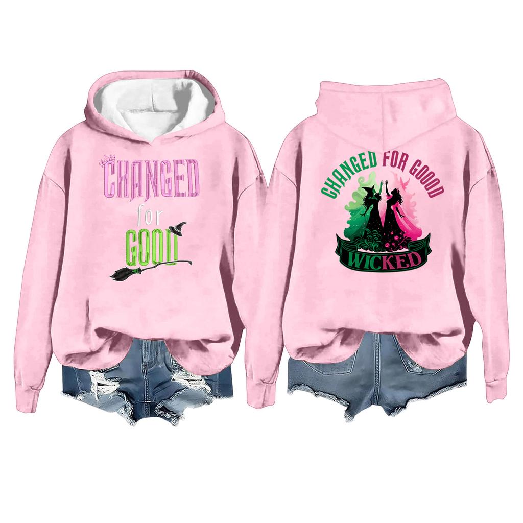 Women's Casual Long Sleeve Pullover Witch Print Hooded Sweatshirt